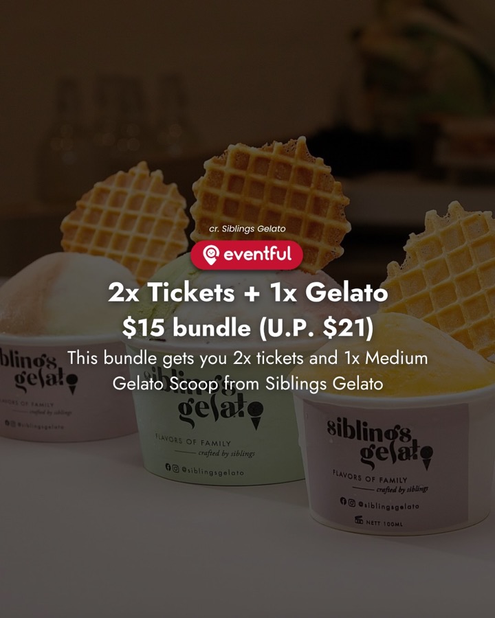 Eventful slide of three Siblings Gelato cups with waffle crisps, advertising the $15 ARTBOX ticket and gelato bundle