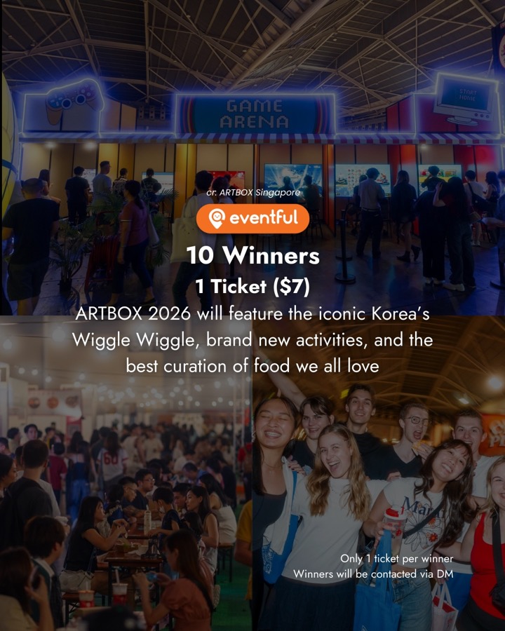 Eventful giveaway slide announcing 10 winners of one ARTBOX 2026 ticket each, over photos of the Game Arena and festival crowds
