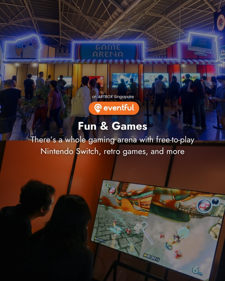 The Game Arena at ARTBOX Camp 2026 with visitors playing Mario Kart on Nintendo Switch screens