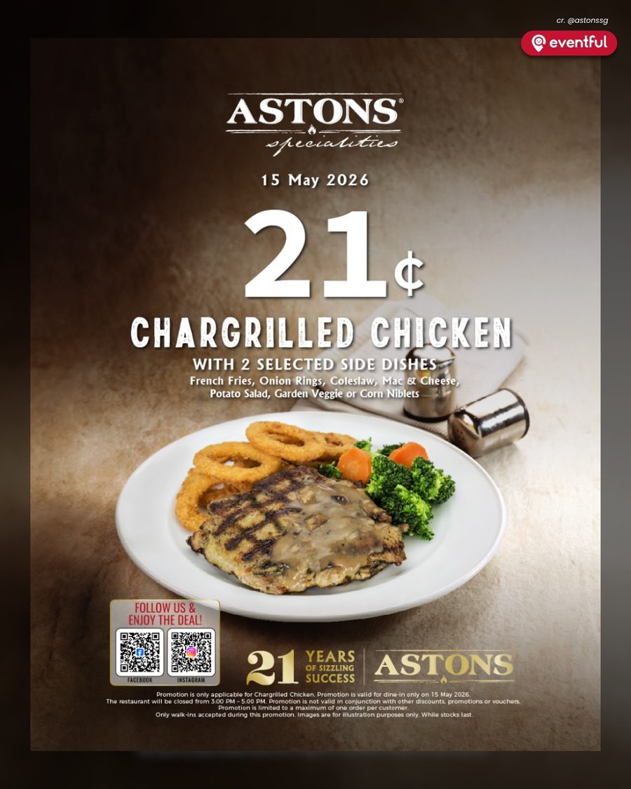 ASTONS Specialities poster for the 21-cent chargrilled chicken with two sides on 15 May 2026