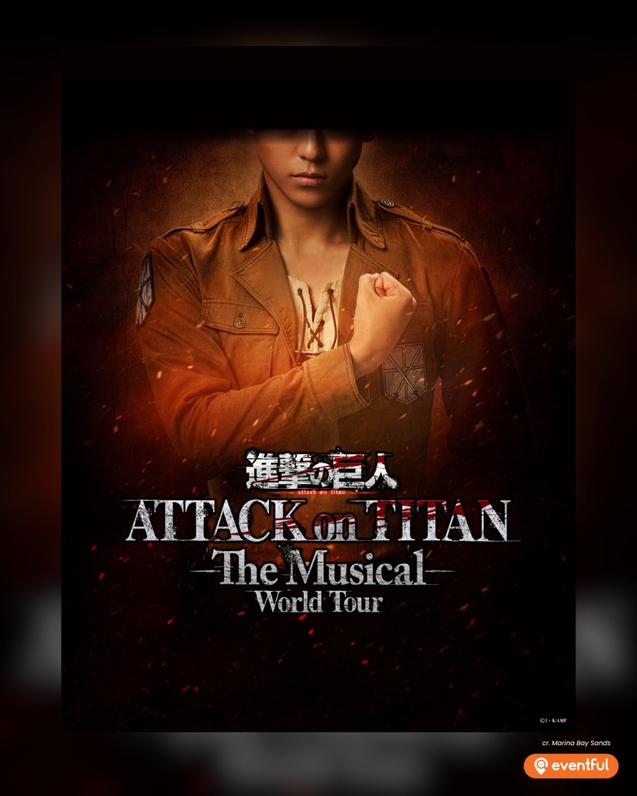 Attack on Titan: The Musical World Tour key art, a Survey Corps cadet in the brown jacket with fist on chest