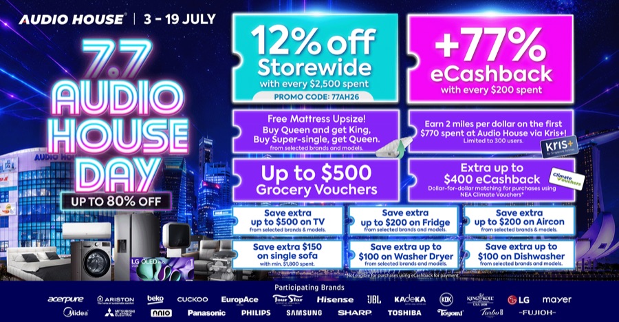Audio House 7.7 Day official banner listing the 12% storewide, 77% eCashback and voucher stack, 3 to 19 July