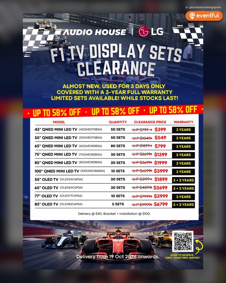Audio House x LG F1 TV display sets clearance poster listing models, quantities, prices and warranty