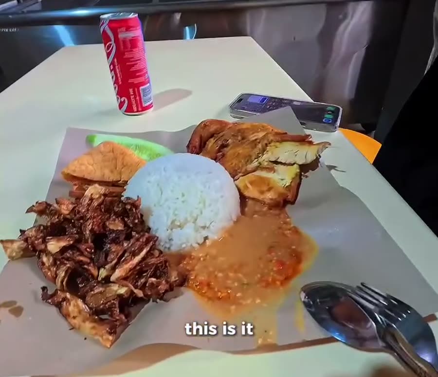 Ayam gepuk Set B with rice, smashed fried chicken, tempeh, cucumber and peanut sambal