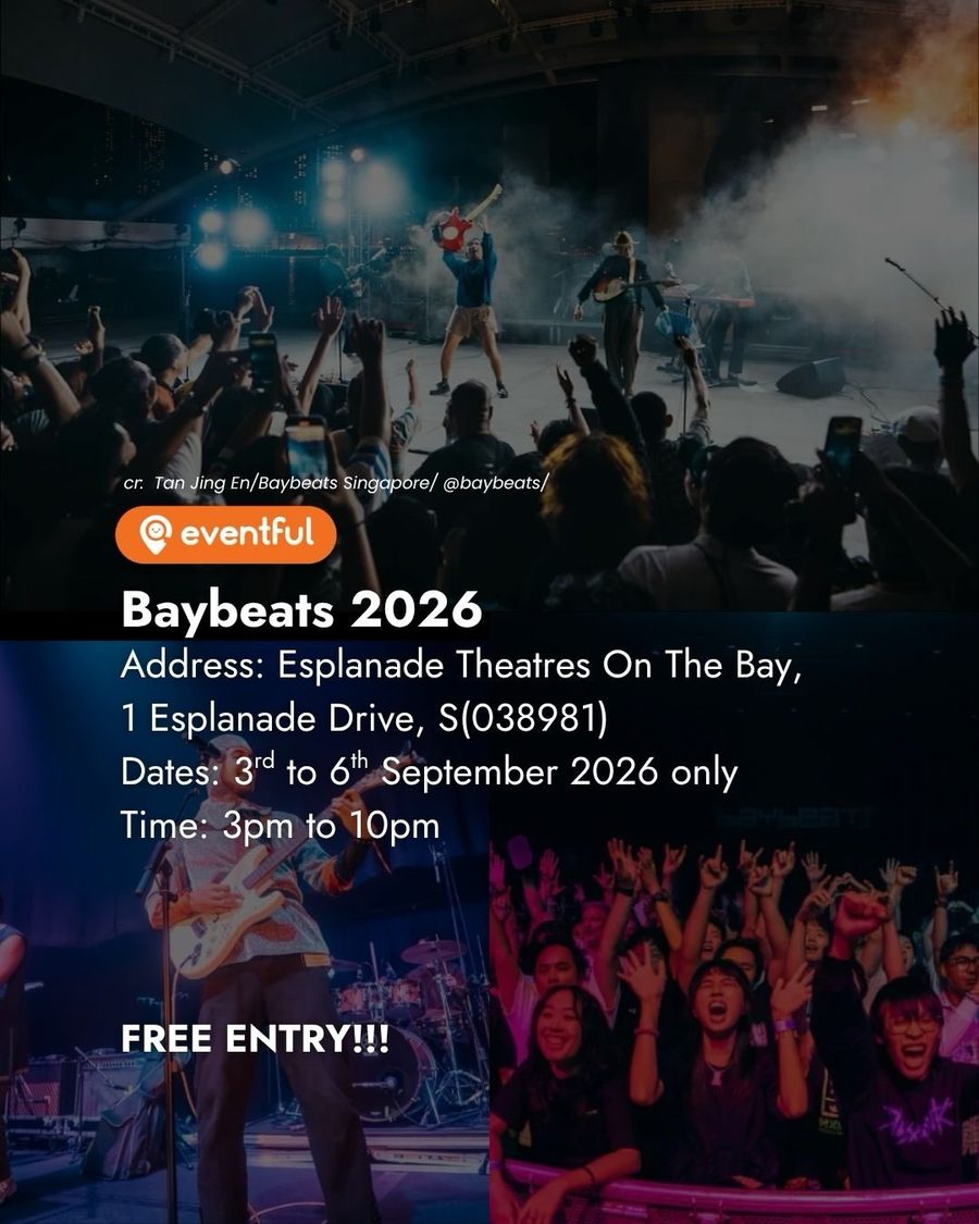 Baybeats 2026 details card listing the Esplanade address, 3 to 6 September dates and free entry