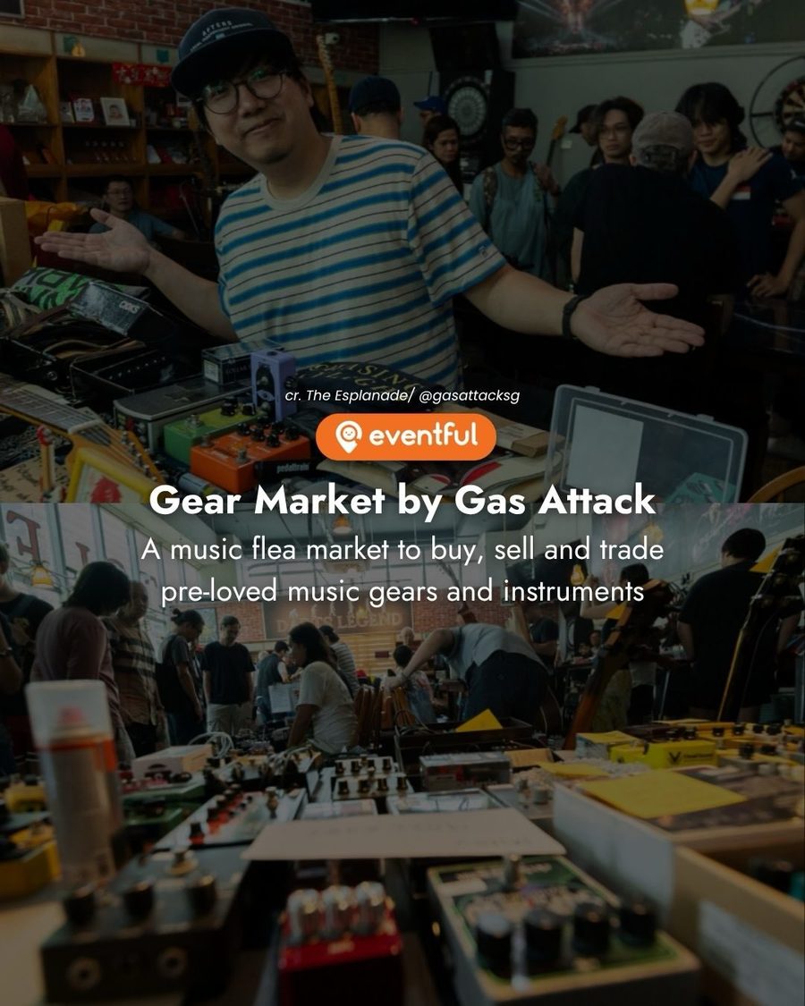 The Gas Attack gear market at Baybeats, tables of pedals and second-hand music equipment