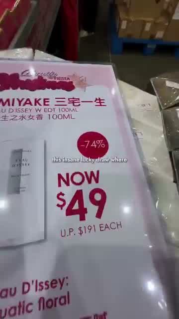 Beauty Fiesta Christmas 2025 price sign showing Issey Miyake L'Eau d'Issey 100ml at $49