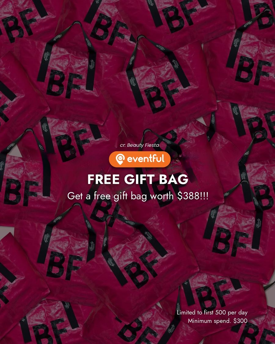 Pile of pink Beauty Fiesta gift bags, announced as worth $388 for the first 500 shoppers a day