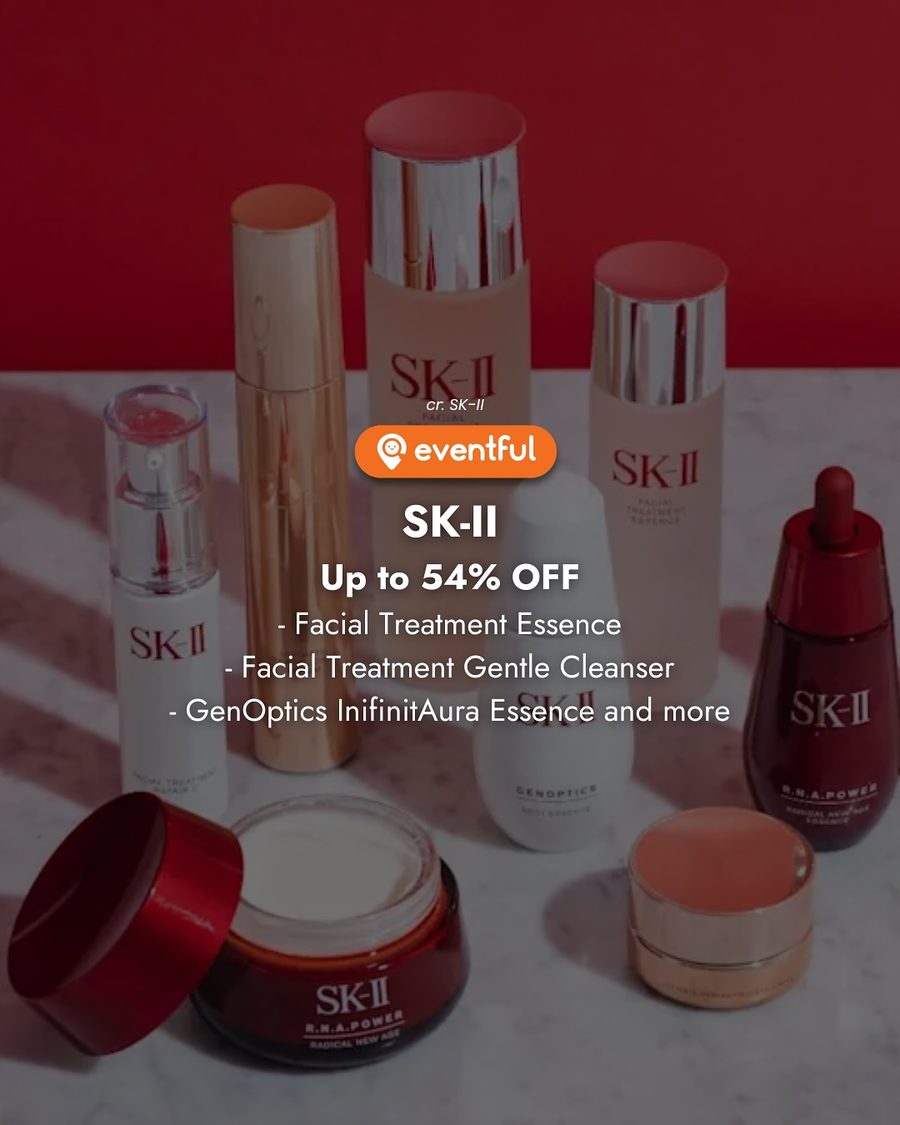 Slide listing SK-II at up to 54% off at Beauty Fiesta Christmas 2025, with Facial Treatment Essence