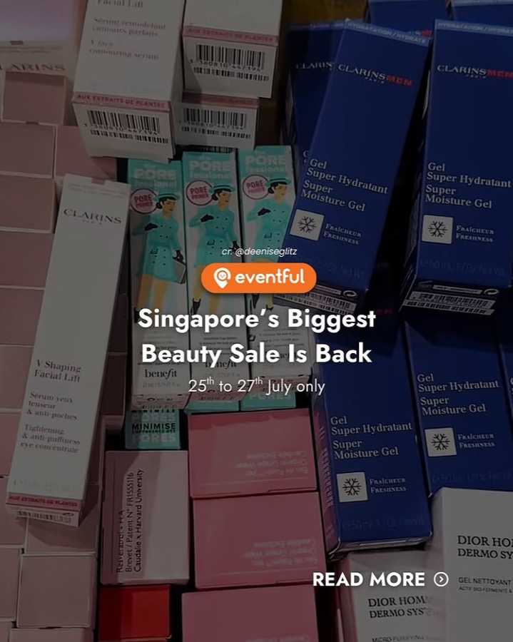 Boxes of Clarins moisture gel, Benefit pore primer, Caudalie and Dior Homme products stacked for sale at Beauty Fiesta 2025