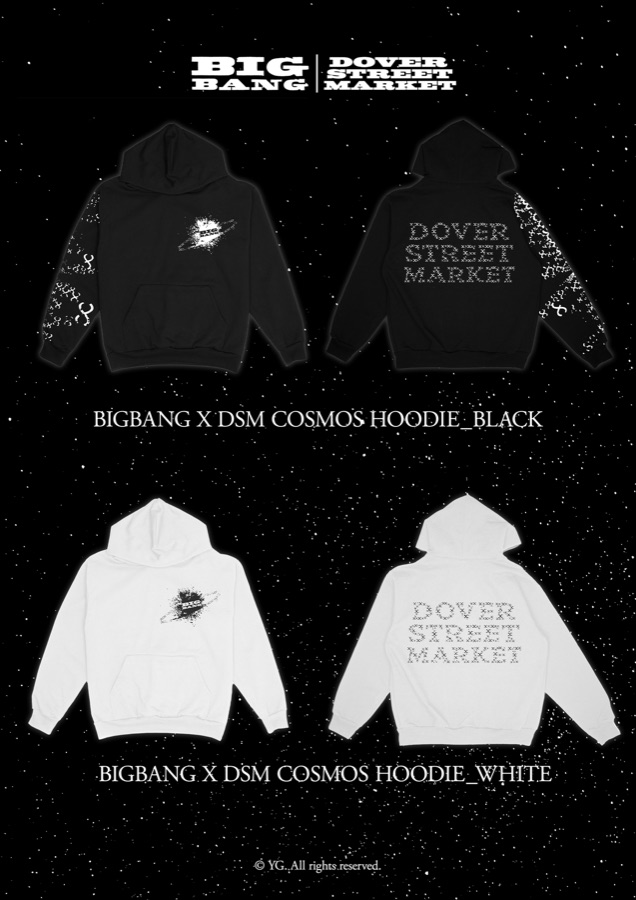 BIGBANG x DSM Cosmos zip-up hoodies in black and white, front and back