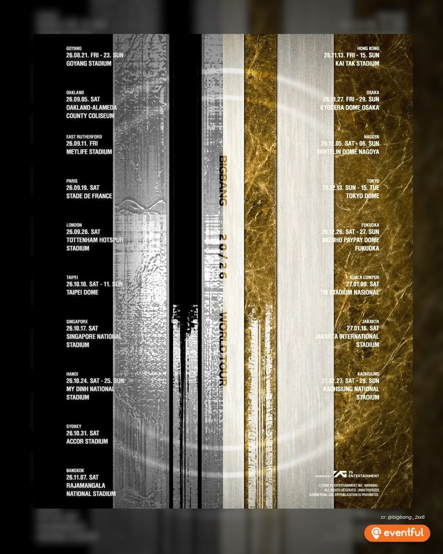 BIGBANG 2026-2027 World Tour XX COSMOS date poster listing Singapore National Stadium on 17 October 2026