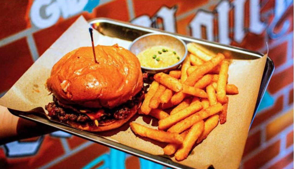 The Old School Smashed Burger with fries and a dip at Brooklyn Bar