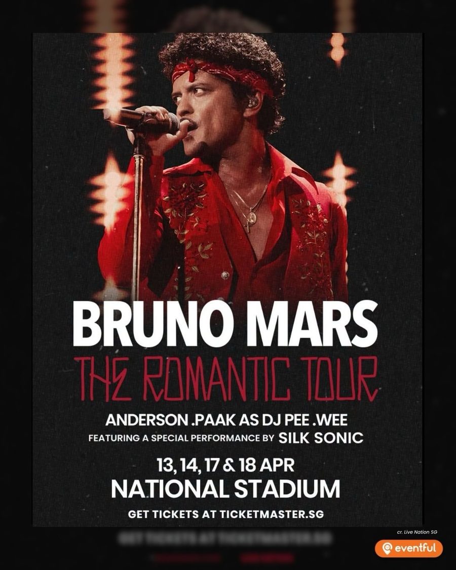 Bruno Mars The Romantic Tour poster listing 13, 14, 17 and 18 April at Singapore National Stadium