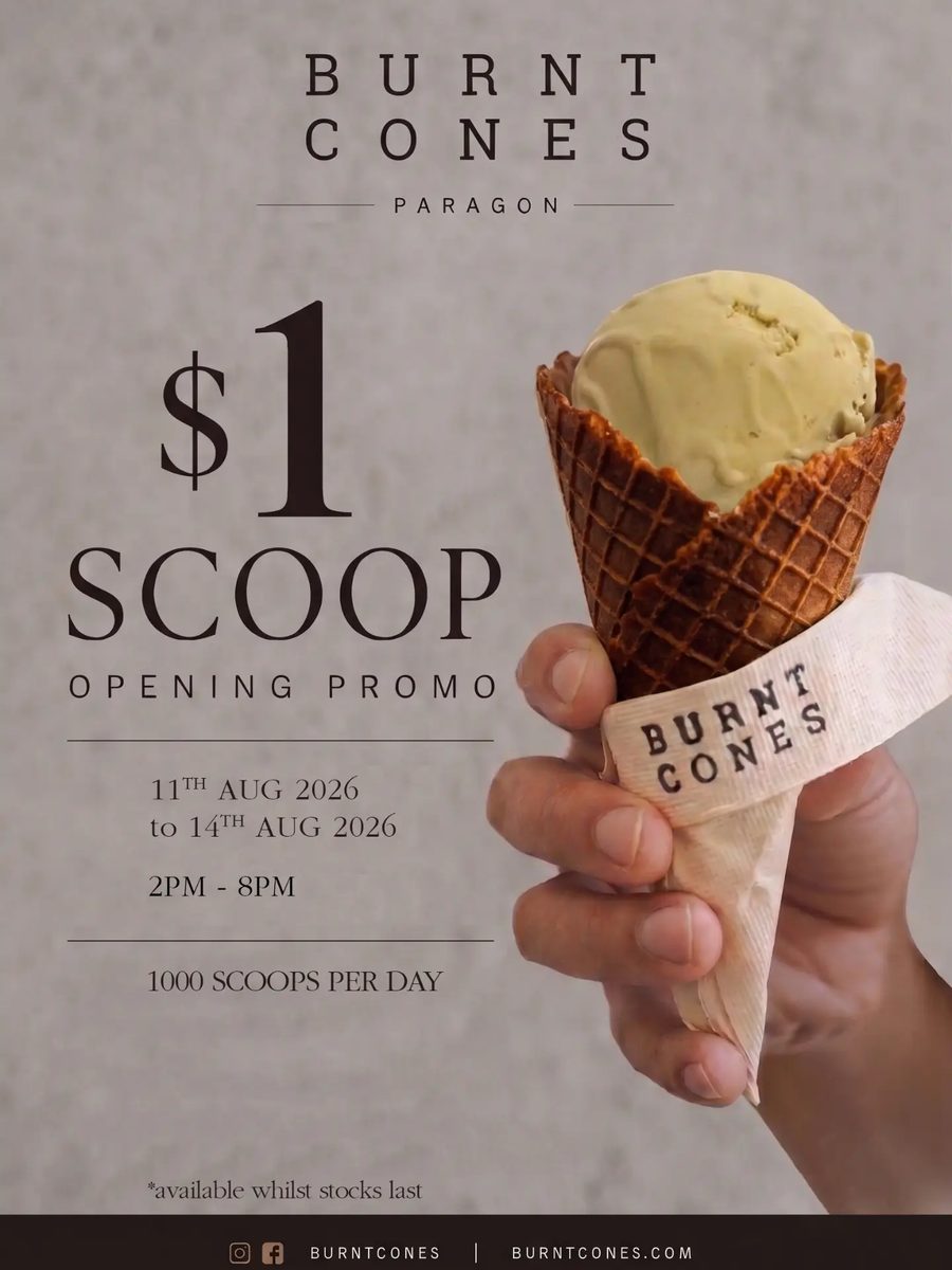 Burnt Cones Paragon $1 scoop opening promo poster, 11 to 14 August 2026, 2pm to 8pm, 1000 scoops per day