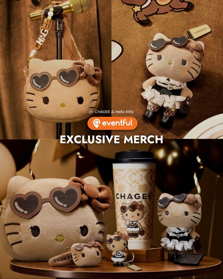 CHAGEE x Hello Kitty merch: Cuddle Sling bag, Snuggle Snap clip, Plushie Charm, keychain and a festive cup