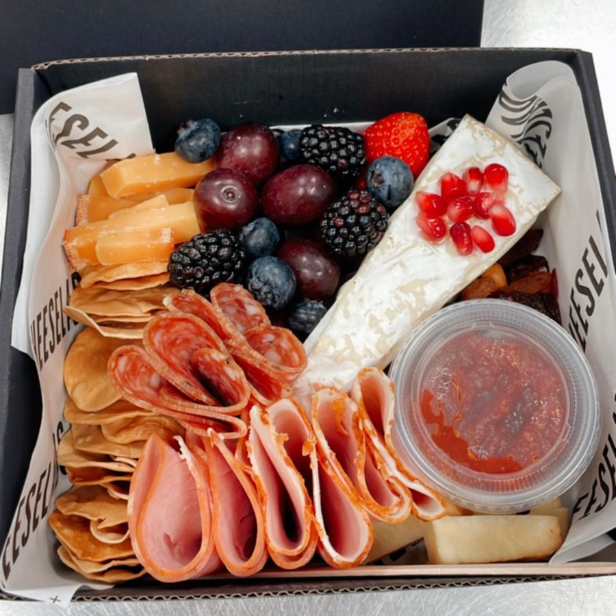 Cheeselads Petite Platter with brie, salami, ham, berries and crackers