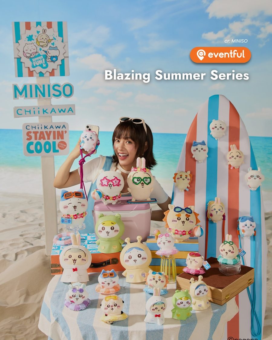 MINISO Chiikawa Blazing Summer Series display with plushes in swimwear on a beach set