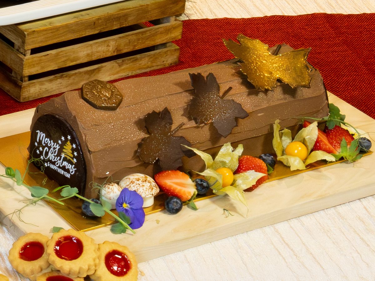Enchanted Forest Chocolate Log Cake with berries and chocolate leaves