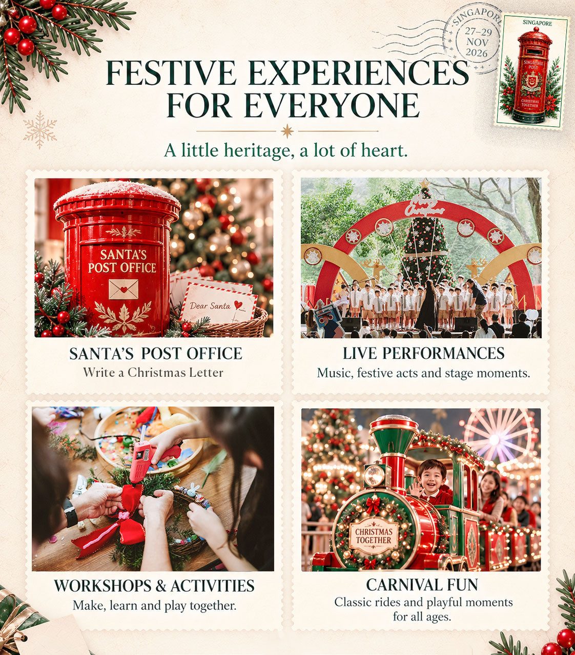 Christmas Together 2026 poster listing Santa's Post Office, live performances, workshops and carnival rides