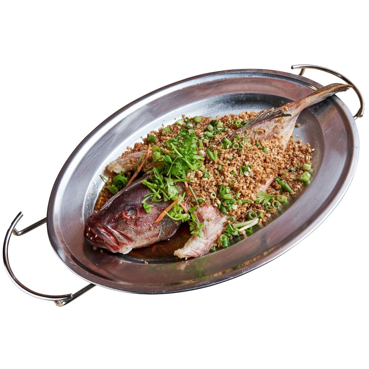 Steamed fish topped with fried garlic at Famous JB101