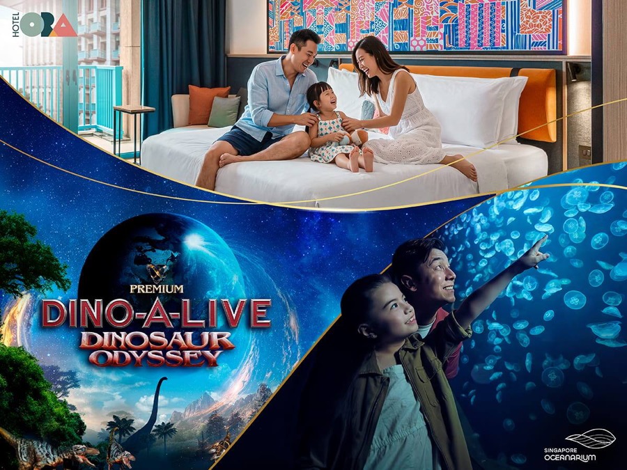 Resorts World Sentosa DINO-A-LIVE Premium Dinosaur Odyssey hotel bundle visual with Hotel Ora and Singapore Oceanarium