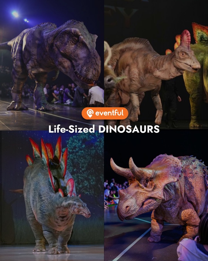 Life-sized DINO-A-LIVE dinosaurs including a T. rex, a stegosaurus and a triceratops on stage