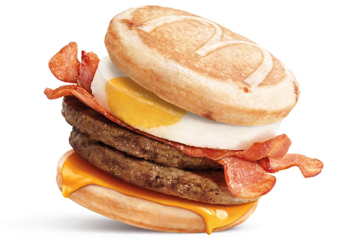 McGriddles Stack with two sausage patties, chicken bacon, egg and cheese