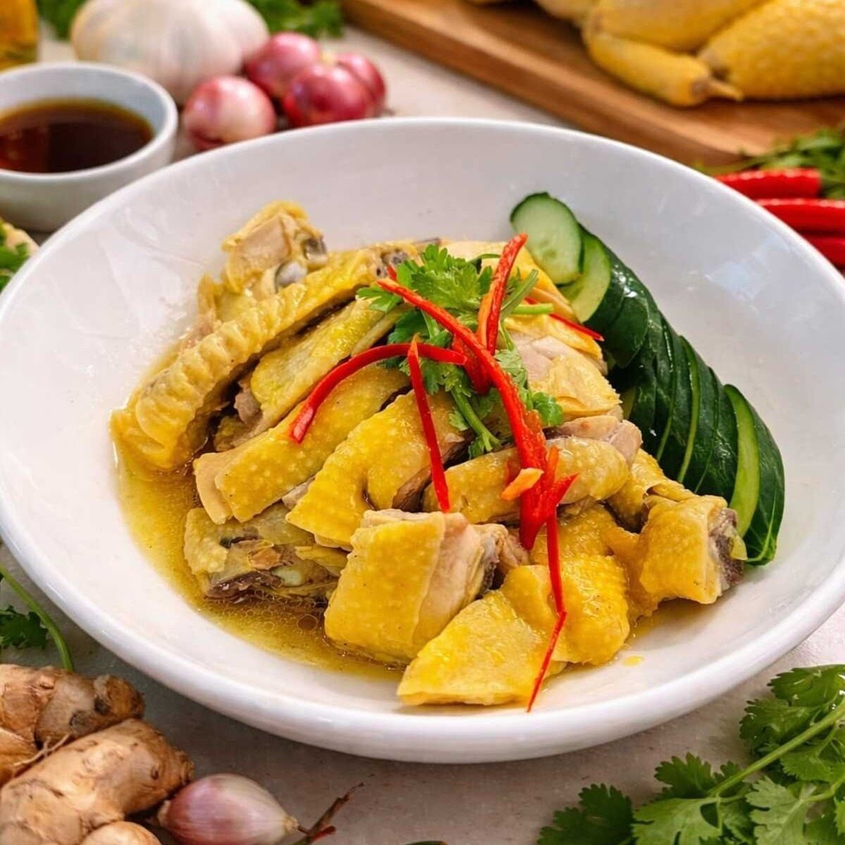 Poached chicken with sliced chilli and cucumber at Simon Says Cafe