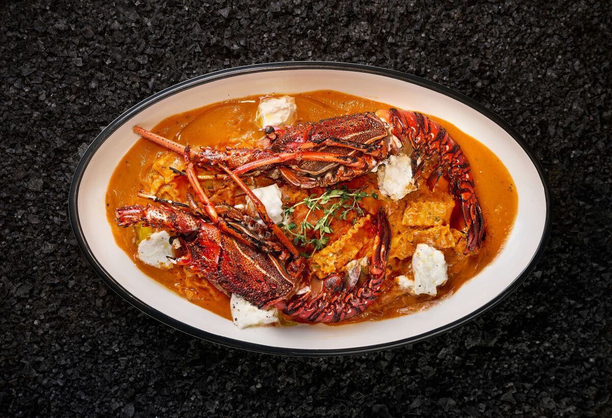 Lobster mafalda pasta in burnt butter tomato sauce with burrata at Greenwood Fish Market