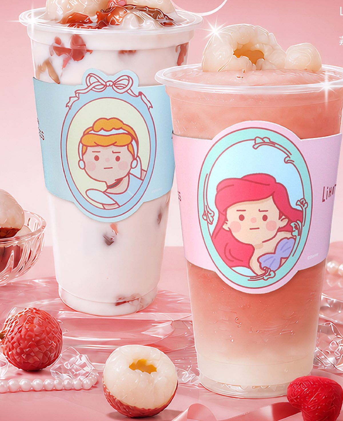 LiHO Lychee Rose Milk Green Tea and Lychee Rose Smoothie with Disney Princess cupsleeves