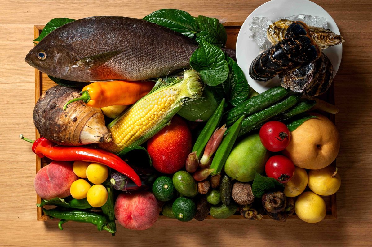 A tray of seasonal Japanese and Southeast Asian produce used at Loca Niru