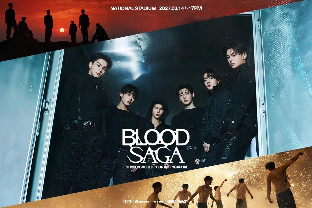 ENHYPEN BLOOD SAGA world tour Singapore poster with the members in dark outfits