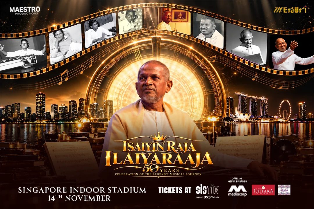 Isaiyin Raja Ilaiyaraaja 50 Years concert poster with the Singapore skyline