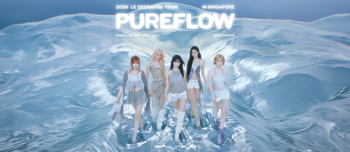 LE SSERAFIM PUREFLOW tour Singapore poster with the five members standing in icy water