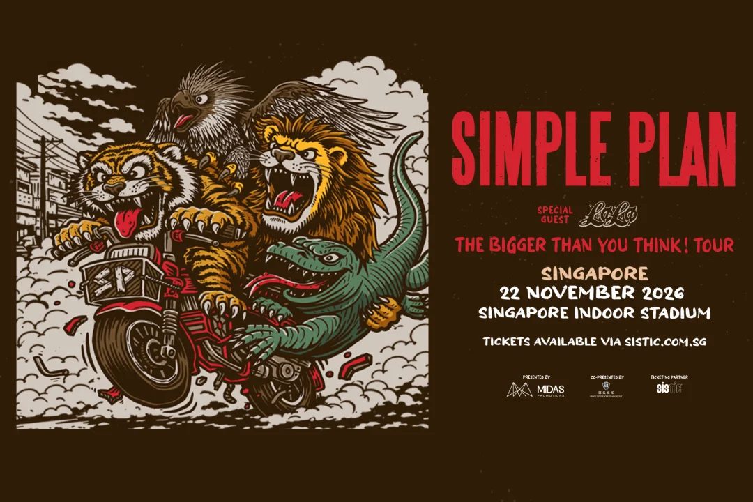 Simple Plan Bigger Than You Think tour poster with a tiger and lion illustration