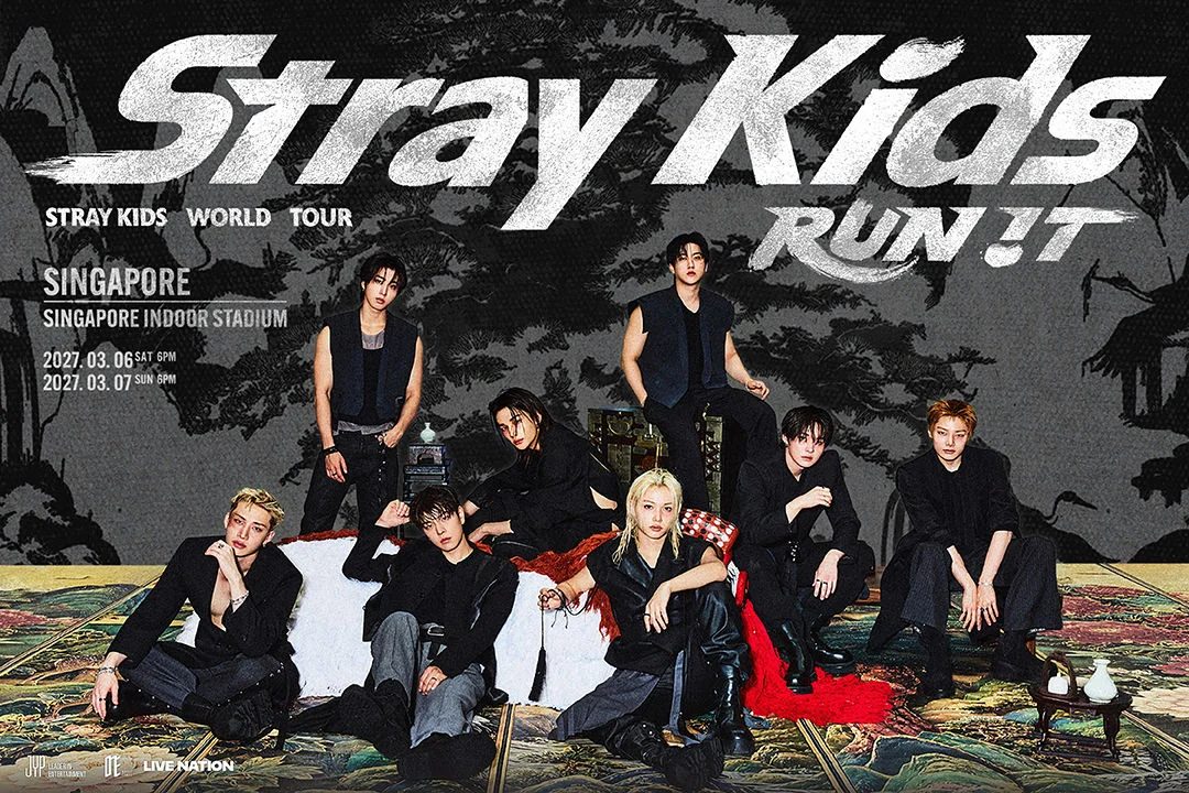 Stray Kids RUN IT world tour Singapore poster with the members in black
