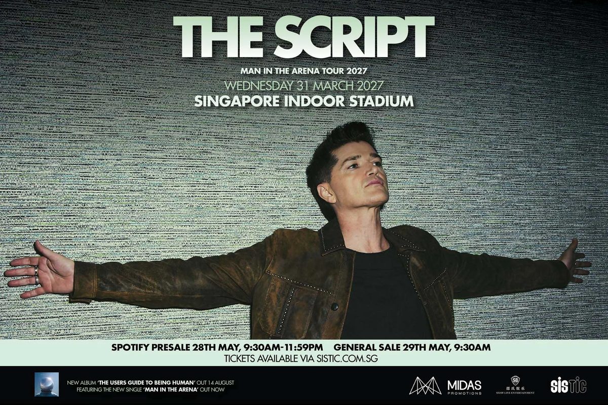 The Script singer with arms outstretched on the Man In The Arena tour poster