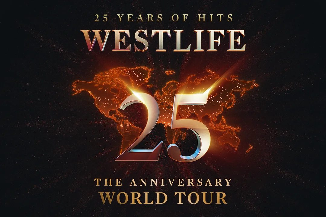 Westlife 25 The Anniversary World Tour key visual with a glowing gold 25