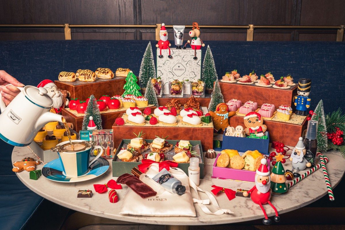 Festive afternoon tea spread with Christmas decorations at Madison's, Pullman Singapore Hill Street