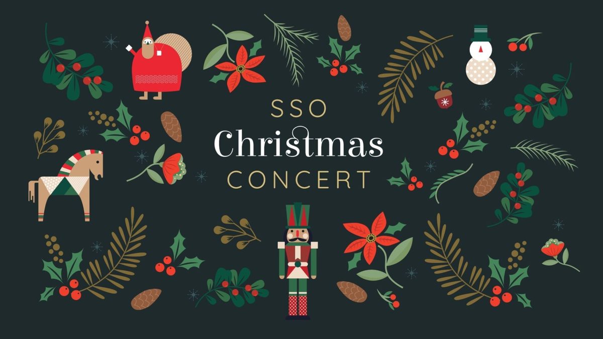 SSO Christmas Concert 2026 key visual with nutcracker, poinsettias and holly on dark green