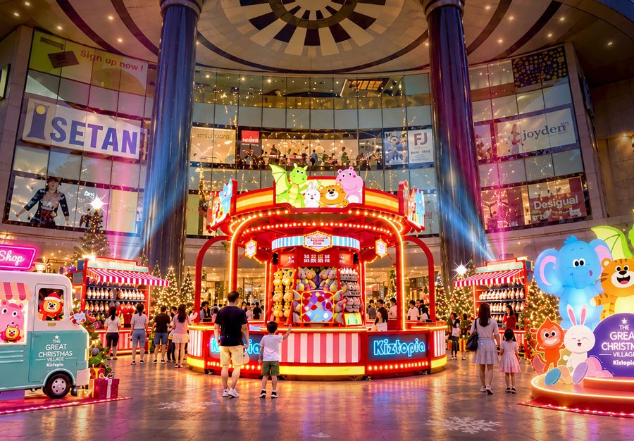 Carnival game booth and Christmas decorations at the Great Christmas Village, Ngee Ann City
