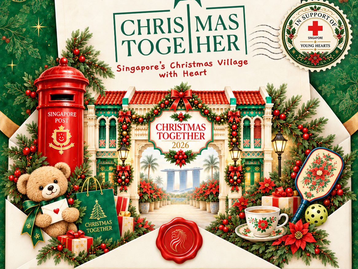 Christmas Together 2026 key visual with a red Singapore post box, teddy bear and shophouse arch