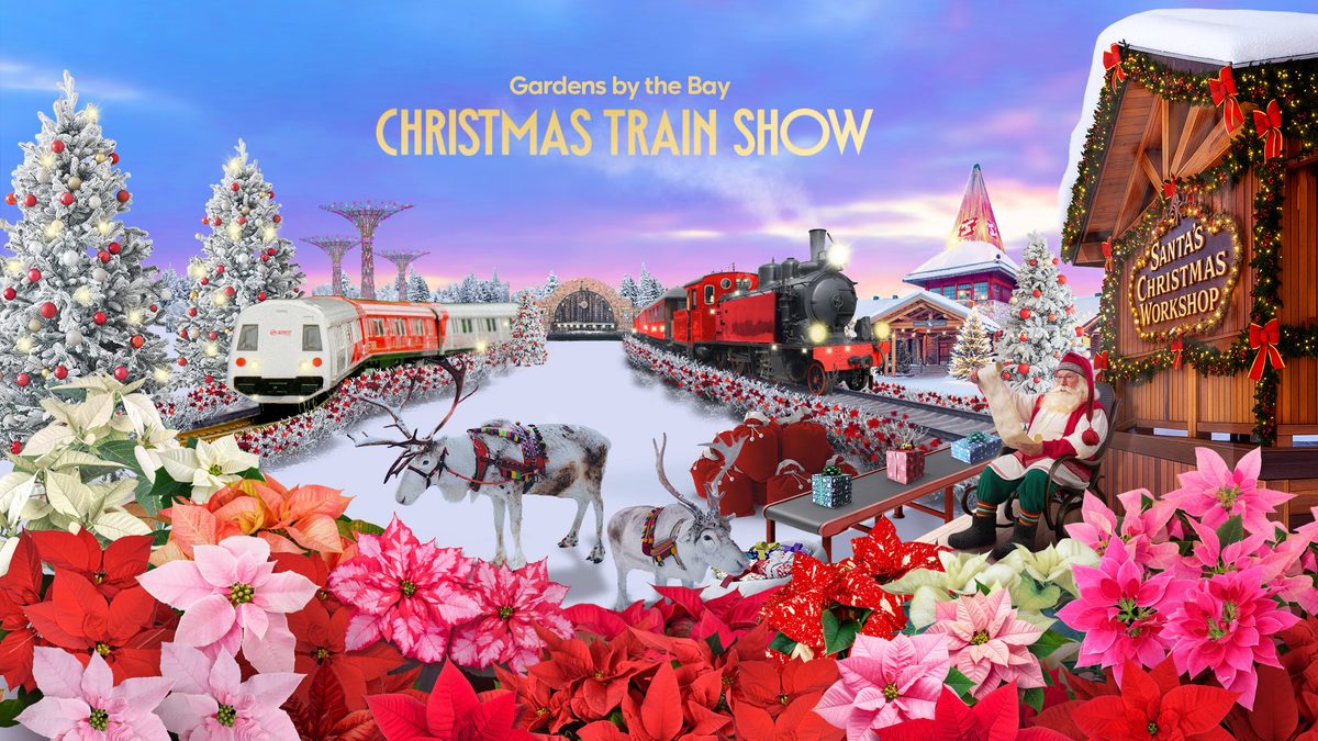 Gardens by the Bay Christmas Train Show 2026 key visual with model trains, reindeer and poinsettias
