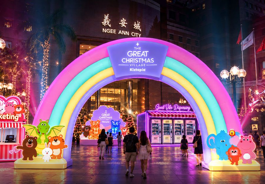 Rainbow entrance arch of the Great Christmas Village by Kiztopia at Ngee Ann City at night