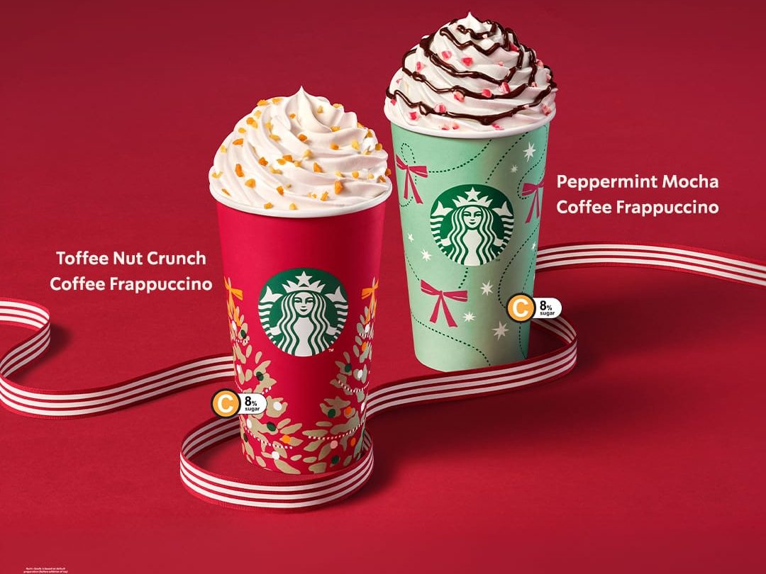 Starbucks Singapore Toffee Nut Crunch and Peppermint Mocha Frappuccinos in 2026 holiday cups