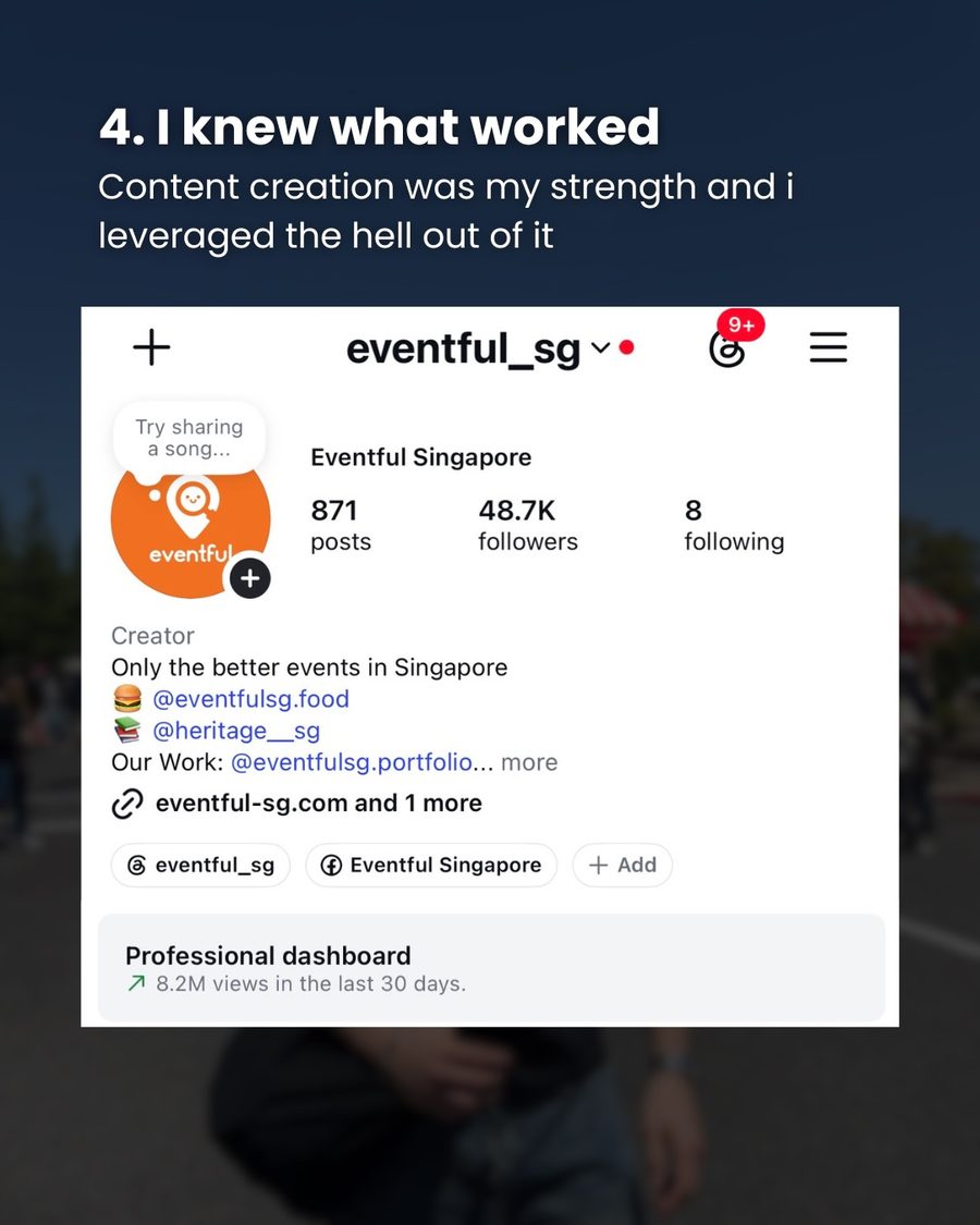 The @eventful_sg Instagram profile showing 871 posts, 48.7K followers and 8.2 million views in 30 days