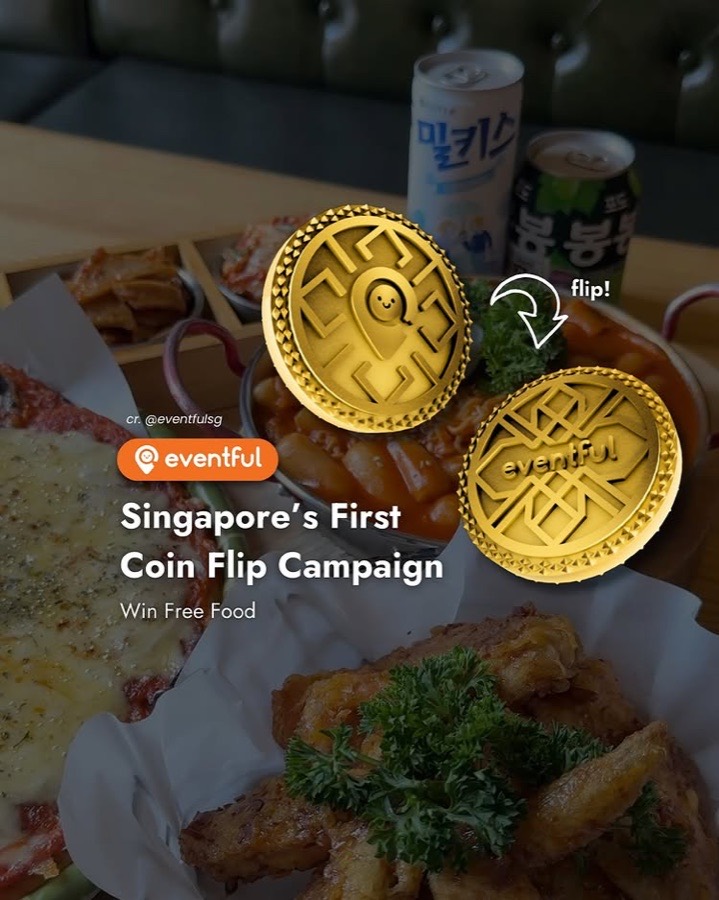 The gold Eventful Coin artwork, heads and tails, over a Korean fried chicken spread from the May 2025 launch post