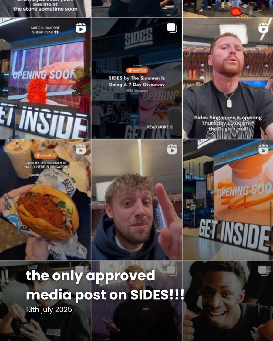 A grid of Eventful Instagram posts covering the SIDES by the Sidemen opening in Singapore