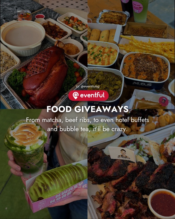 Slide promising food giveaways, showing matcha, beef ribs, a hotel buffet spread and bubble tea